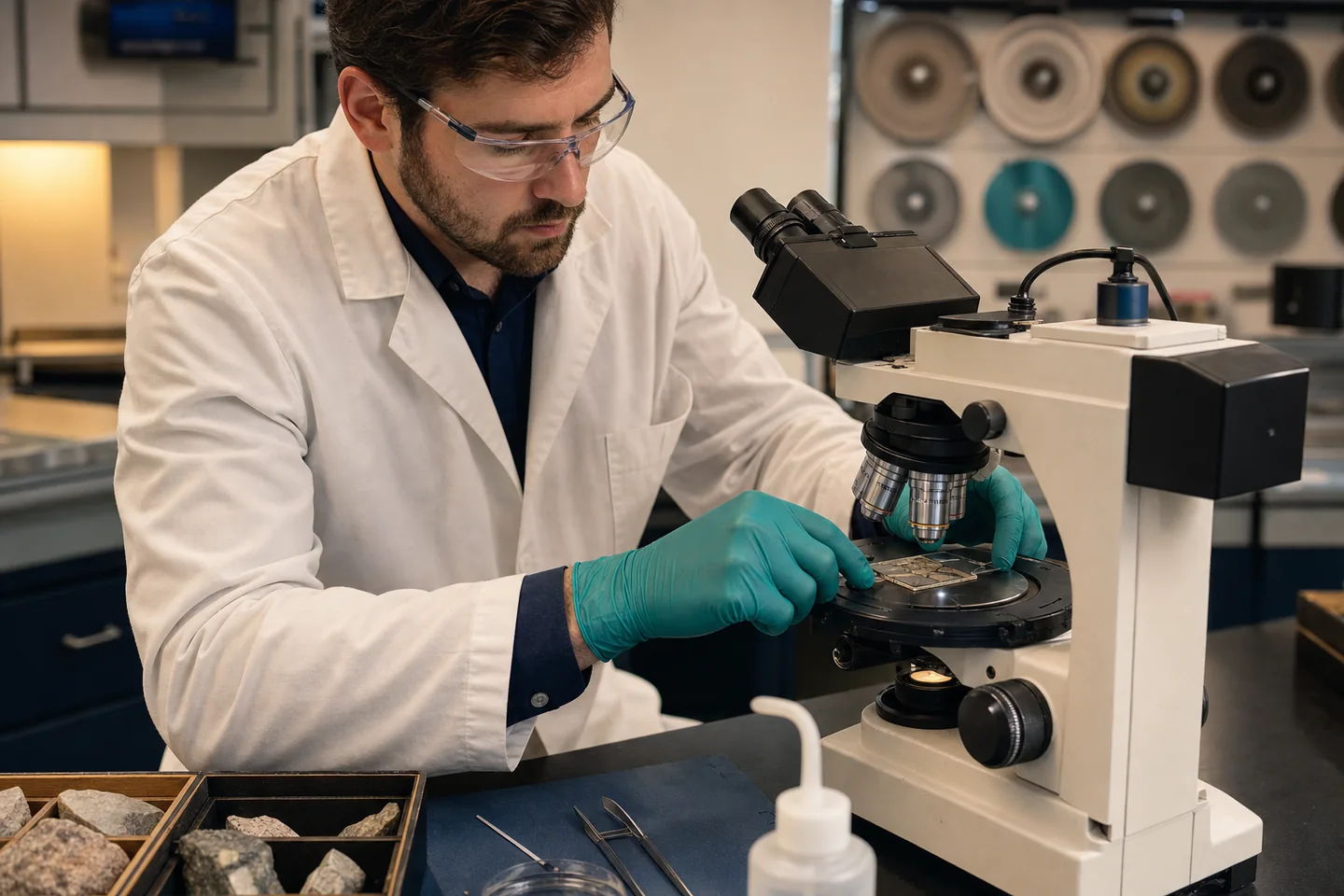 Laboratory technician examining a prepared rock section with a petrographic microscope