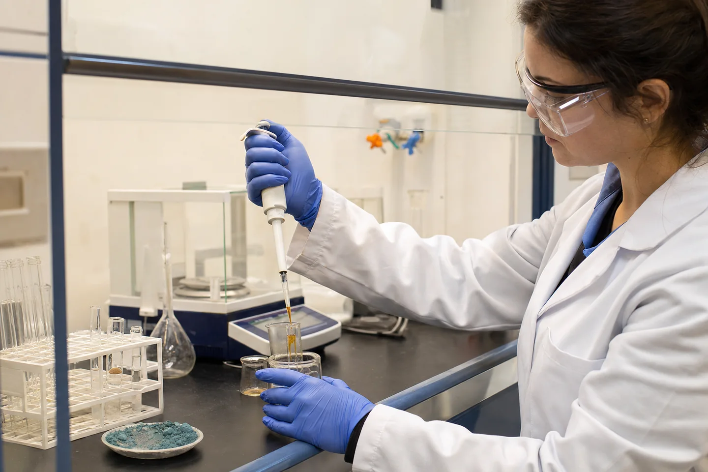 Laboratory chemist performing a controlled mineral wet-chemistry test beneath a fume hood